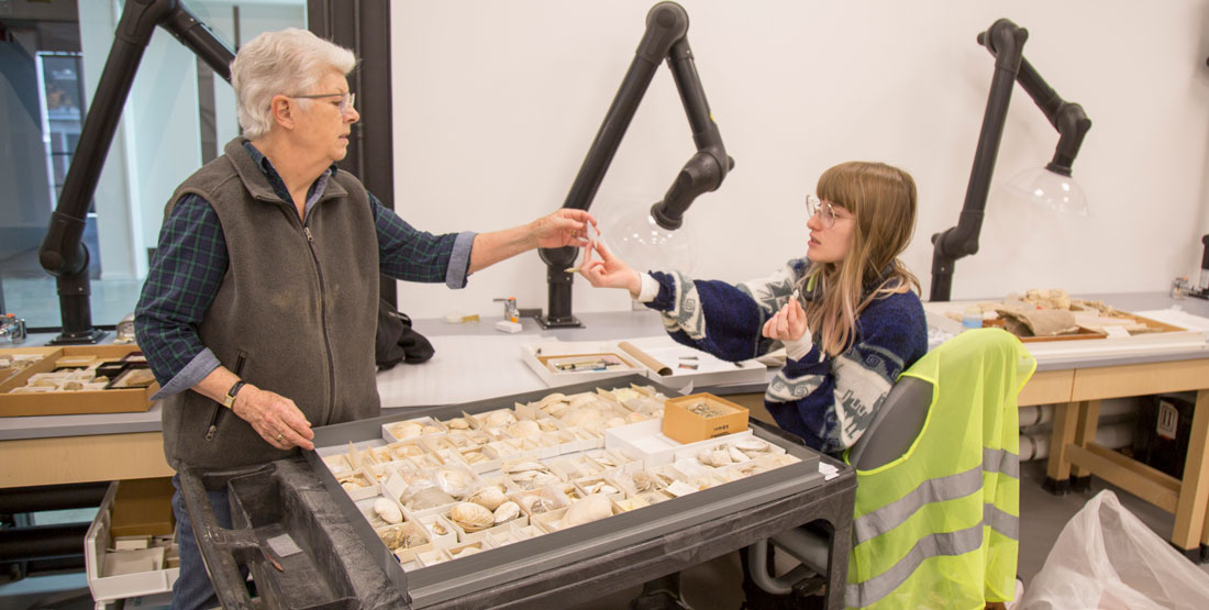 an older woman hands a fossil to a younger woman as they sort fossil shells