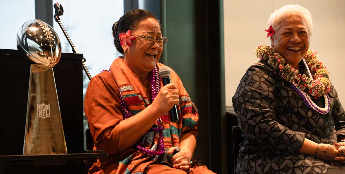 Prime Minister of Samoa Fiame Naomi Mata’afa and Minister of Justice Matamua Seumanu Vasati Sili Pulufana