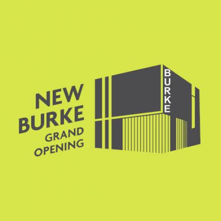graphic with words "new burke grand opening" and illustration of new building