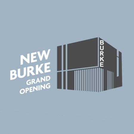 graphic with words "new burke grand opening" and illustration of new building