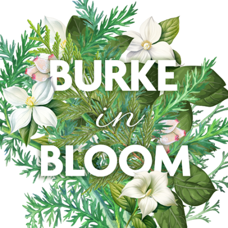 burke in bloom in white text on greenery and flowers background
